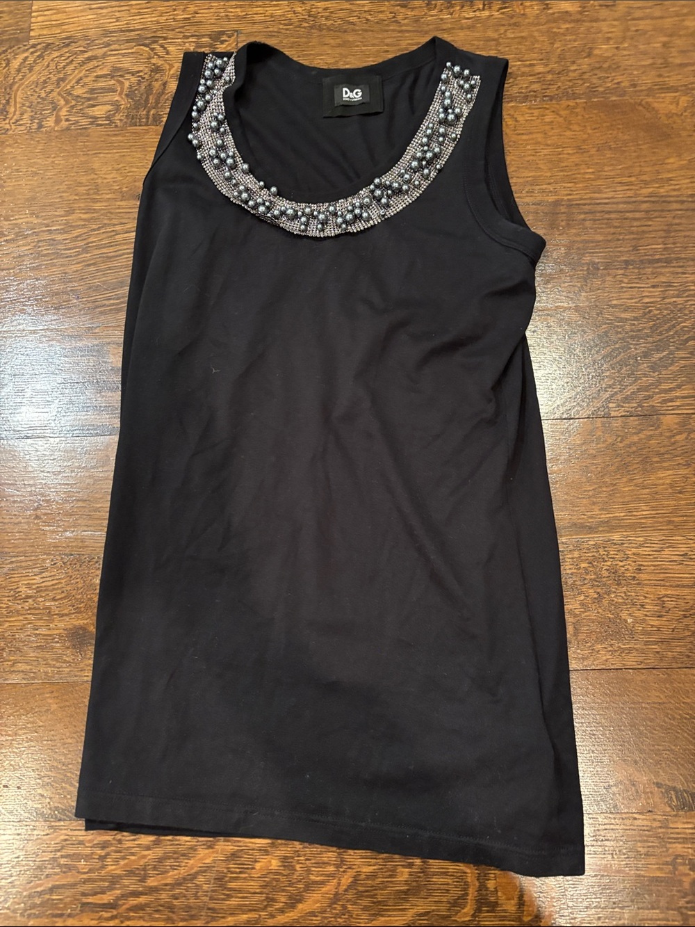 D&G Women’s Black Sleeveless Tank with Beaded Neckline Size 44